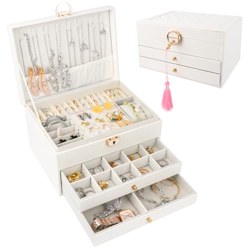 TNOMSNO Schmuckkästchen 3 Ebenen, Schmuckaufbewahrung Schmuck Organizer mit Schloss, Schmuckschatulle Jewelry Organizer Jewelry box für Ringe, Ohrringe, Halskette, Uhren