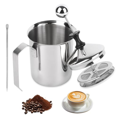 TNOMSNO Milchaufschäumer Manuell, 400 ml Double Mesh Milchaufschäumer Manuell Edelstahl Milk Frother, Double Mesh Milchschaum mit Kaffee-Ziehdorn für Die Herstellung von Perfektem Milchschaum