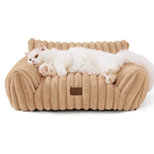BEDSURE Katzenbett groß orthopädisches Katzensofa-61x46x25cm Hundesofa kleine Hunde waschbar Katzencouch, rutschfeste Katzenbett flauschig, Kamel