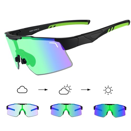 DUDUKING Sonnenbrille Selbsttönend Polarisierte Fahrradbrille Herren Damen,Sportbrillen Radsport Brillen für Radfahren Laufen Golf Baseballbrille (Grün)