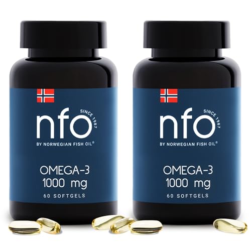 NFO OMEGA 3 1000 mg 2er Pack [2x60=120 Softgel Kapseln] Norwegen Omega 3 Kapseln hochdosiert, Fischöl mit EPA & DHA in Triglyceridform mit Vitamin E, Natürlicher Komplex aus Wildfisch aus Norwegen