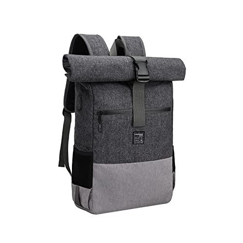 EverVanz Laptop-Rucksack, Damen & Herren Roll Top Wasserdichter Wanderrucksack, Leichtgewichtiger Freizeit-Rucksack, Stilvolle Schultasche mit USB-Ladebuchse, L, grau