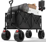 Devoko 260L Bollerwagen Faltbar 180KG Belastbar mit Große Breiten Rädern und Bremse, Großer Camping Wagen für Strand mit Verstellbarem Griff und Netz-Becherhalter, Schwarz