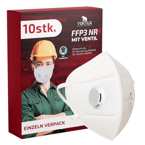 VENTUX SAFETY EQUIPMENT 10 Stück FFP3 Maske mit Ventil - CE Zertifiziert - Hochwertiger Atemschutz mit Hoher Filtration - Komfortabel und Ergonomisch - Ideal für Baustelle und Industrie