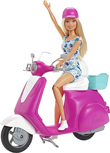 Barbie GBK859633-UP Puppe, blond, mit pink-weißem Motorroller mit Ständer und türkisfarbenem Korb