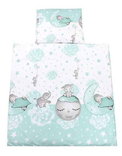 TupTam Unisex Baby Wiegenset 4-teilig Bettwäsche-Set: Bettdecke mit Bezug und Kopfkissen mit Bezug, Farbe: Mond mit Elefant/Mint, Größe: 80x80 cm