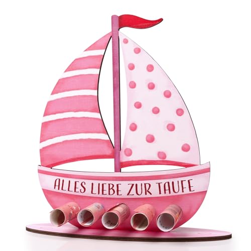 BETESSIN Taufgeschenke Mädchen Rosa - Alles Liebe zur Taufe - Holz Boot mit Basis - Geldgeschenk zur Taufe - Taufe Geschenk für Mädchen und Jungen