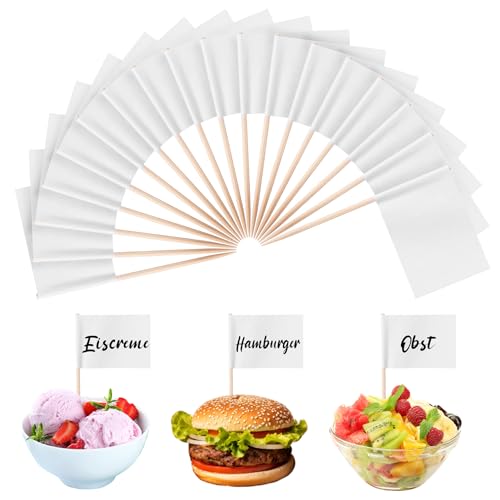 Lvefyti 200 Stück Zahnstocher Holz mit Fähnchen,Weiß Fähnchen zum Beschriften,Papierfähnchen,Käse Marker Cupcake Topper,Flaggenpicker für Lebensmittel Käseplatte Cupcake Topper Vorspeisen Partyzubehör