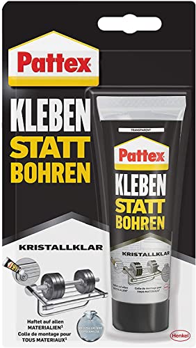 Pattex Kleben statt Bohren Kristallklar, Montagekleber für kristallklare Verklebungen, Baukleber für alle Materialien, Universalkleber für innen & außen, 1x90g