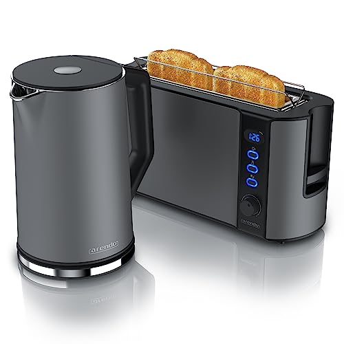 Arendo - Wasserkocher mit Toaster SET Edelstahl Cool Grey, Wasserkocher 1,5L 40°-100°C Warmhaltefunktion Toaster 2 Scheiben LED-Display 6 Bräunungsgrade Brötchaufsatz