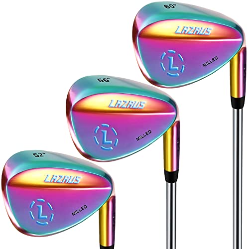 LAZRUS Hochwertiges geschmiedetes Golf-Wedge-Setfür Herren – 52 56 60 Grad Golf Wedges + gefräste Schlagfläche für mehr Spin – tolles Golfgeschenk (Rainbow, Rainbow 3 Wedges)