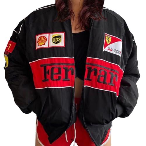 ticticlily Bomberjacke Damen Muster Patchwork Bedruckte Übergangsjacke College Baseball Sport Jacken Vintage y2k Hiphop Racing Sweatjacke J Schwarz M