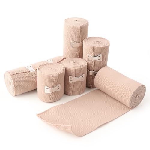 A7229 Dfuqanb 6 Stück Elastische Bandage, Kompressionsbinden Elastischer Verband mit Metallclips, Kompressionsrolle mit extra Metallclips, zur Unterstützung von Handgelenken, Knöcheln und Knien