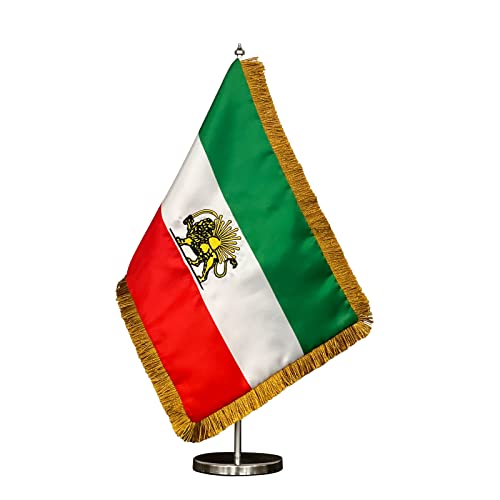Iranische alte Tischflagge, ehemalige iranische Schreibtischflagge, 20 x 30 cm, Persien mit verstellbarem Ständer, 24–42 cm, Satin, doppelseitig, mit Stange, lebendige Farben