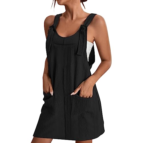 Latzkleid Damen Sommer Ärmellos Trägerkleid Verstellbare Riemen Cargo Minikleid Rückenfreies Kleid mit Taschen Frauen Latzrock U-Ausschnitt Freizeitkleid Große Größen Sommerkleider