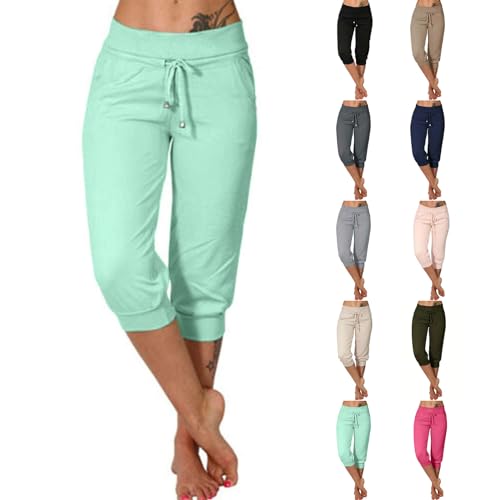 Damen Sommer Caprihose Jogginghose Lässig Locker Bequem 3/4 Lange Hose Baumwolle Sommerhose Yoga Fitness Activewear mit Tasche für Sport und Freizeit Grün L