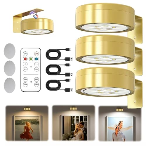 Bildbeleuchtung Kabellos mit Fernbedienung, 3 Stück Magnetisches LED Bilderleuchte Dimmbar & Wiederaufladbar, Bild Licht 3 Lichtfarben, Bilderrahmen Licht, Bilderlampe für Wand, Regal, Bilder