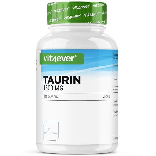 Taurin - 240 Kapseln - Hochdosiert mit 1500 mg pro Tagesportion - 99% Reinheit - ohne Zusätze - Vegan