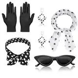 Feegela 5 Stück Rockabilly Accessoires 50er Jahre,Damen Kleid Zubehör 1950s Kostüm Set, mit Chiffon Schal Polka Dot Stirnband Katzen Auge Brille,Kleidung für Motoparty Retro Teily Party (Schwarz)