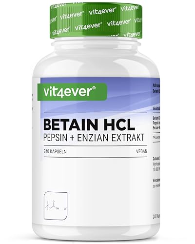 Betain HCL - 240 Kapseln mit 695 mg - Premium: Mit Pepsin & Bitterstoffe aus Enzian - Vollspektrum Enzym Kapseln - Hochdosiert - Laborgeprüft