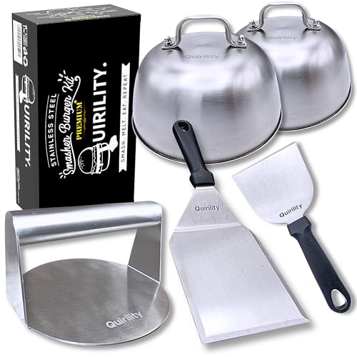 Quirility | Smash Burger Set mit Smash Burgerpresse Edelstahl, Grillspachtel & Burgerglocke | Professionelles Burger Smasher Set | EU-Zertifiziert für Lebensmittelkontakt (Premium Plus)