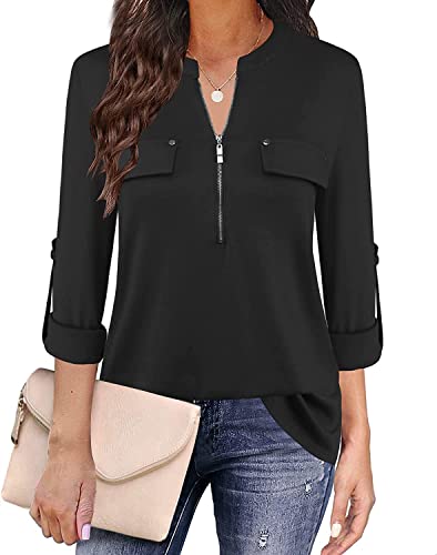 Siddhe Damen Tunika V-Ausschnitt Bluse Elegant Reißverschluss T-Shirt Oberteile 3/4 Ärmel Shirt Blusenshirt Casual Longshirt Business Outfit Tops Schwarz, XL