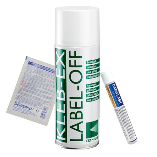 KLEB-EX 200ml Spraydose und praktischer Etikettenlöser-Stift - Kleberlöser und Etikettenlöser im Set - Etikettenentferner und Kleberentferner, inkl. 1 St. DEWEPRO® SingleScrubs