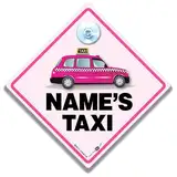 Pinkes Taxi-Schild, personalisierbares rosa Taxi-Schild, Taxi-Autoschild, rosa London, schwarzes Taxi-Schild, schwarzes Taxi-Schild in Rosa, fügen Sie Ihren eigenen Namen hinzu, 14 cm x 14 cm