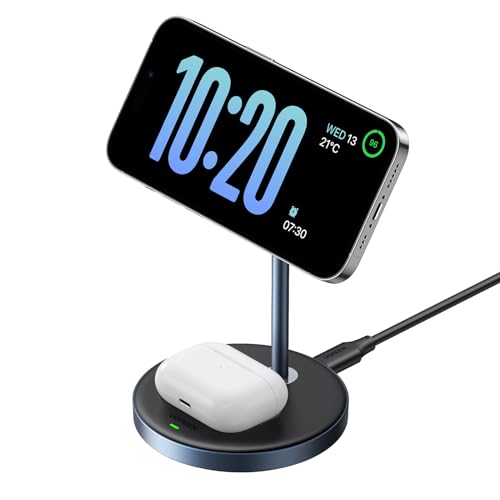 UGREEN MagFlow 2 in 1 iPhone Ladestation kompatibel mit Magsafe Ladegerät Wireless Charger für iPhone 16/16 Pro/16 Pro Max/15/14/13/12, AirPods 3/2/Pro, Ladeständer unterstützt Standby-Funktion