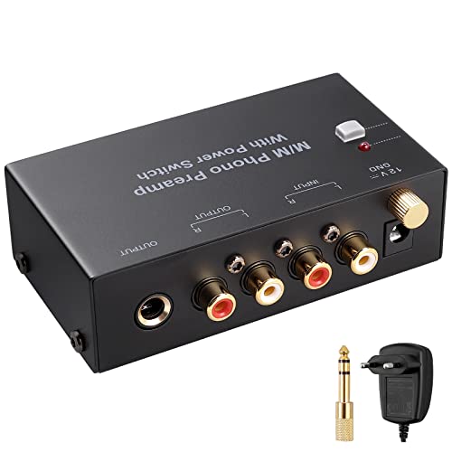 EKLEVOR Phono Vorverstärker M/M mit Netzschalter, Vorverstärker für Plattenspieler RCA Input & Output, Phono Preamp Plattenspieler-Vorverstärker, Vorverstärker Phono mit Pegel, mit DC 12V Netzteil