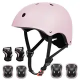 KORIMEFA Kinder Fahrradhelm mit 6er Schonerset Kinderhelm Skaterhelm Schutzausrüstung Verstellbar für Jungen Mädchen 3-13 Jahre CE-Zertifizierte Helme Protektoren für Fahrrad (Hellpink (7st), S)