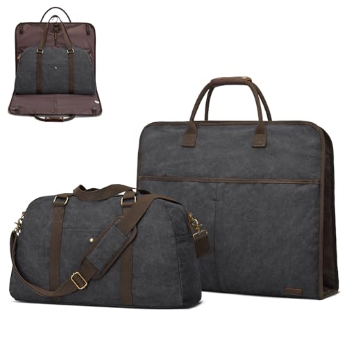 S-ZONE Reisetasche aus Segeltuch für Männer und Frauen, 2-in-1, großes Handgepäck, Wochenende, hängende Kleidung, Koffer, Schwarz, L, Vintage-Stil