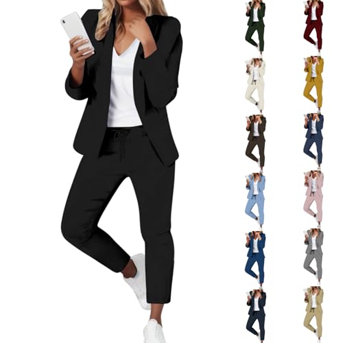 Damen Elegant 2 Teiler Sommer 2025 Hosenanzug Langarm Business Anzug Set Zweiteiler Einfarbig Blazer Hose Festlich Lange Hosenanzüges Sportlich Slimfit Streetwear Frauen Baumwolle Freizeitanzug