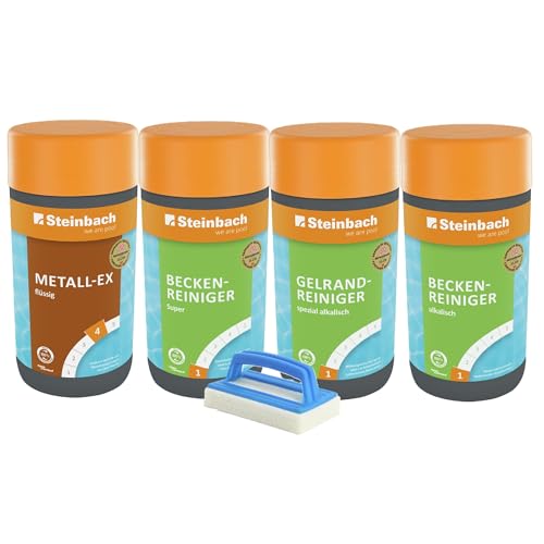 STEINBACH | Reinigungs-Starter-Set für Pools | 5-teilig | Beckenreiniger Super & alkalisch, Gelrandreiniger, Metall-EX je 1 l + Handschrubber | für Grundreinigung & Frühjahrsputz