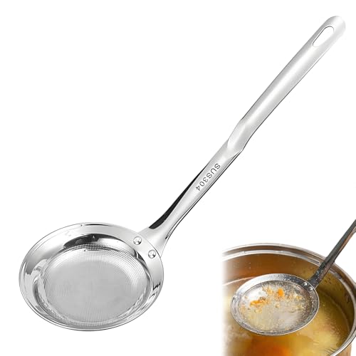 IUSOT Schaumlöffel, Schaumkelle Edelstahl, Frittierkelle, Abschöpfkelle mit Feinem Sieb, Kleines Sieb Fein, Spinnen Sieb für Küche, Fettabschöpfer, Schöpflöffel für Öl, Schaum, Lebensmittelreste (L)