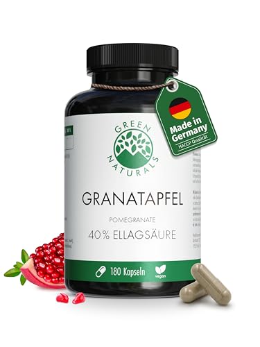 Granatapfel Kapseln - Hochdosiert: 180 Kapseln á 650mg je Kapsel mit 40% Ellagsäure - Deutsche Herstellung - 100% Vegan & Ohne Zusätze - Vorrat für 2 Monate - Green Naturals