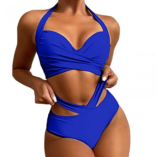 Bikini Damen Damen Neckholder Bikini Sets Hohe Taille Triangel Bikinitop High Waist Bademode Badeanzug mit Band Badeanzug MäDchen Bikini Schwarz Bademode Damen Badeanzug Sexy Bikini Damen Blau XL