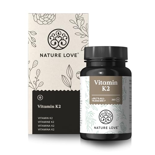 NATURE LOVE® Vitamin K2 hochdosiert - Premiumrohstoff MK7-365 Tabletten - all-trans Gehalt >99,7% MK-7 Menaquinon - vegan, laborgeprüft und in Deutschland produziert