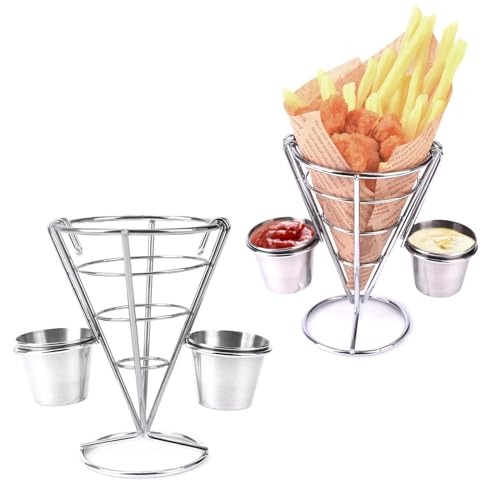 porlik 2teilige Pommes Frites-Servierständer mit doppelter Soßenhalter, Edelstahl-Frittenkorb, Fisch-und-Chips-Halter, für Restaurant-Café-Tisch-Foodservierung.