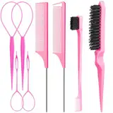 Aigee Das 8-teilige Haarstyling-Kamm-Set beinhaltet 4 Topsy Haarschwanz-Werkzeuge, 2 Arten von Rattenschwanzkamm, 1 Borstenhaarbürste und glatte Rückseite, 1 Kanten-Kontrollbürste, Augenbrauenpinsel
