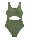 Fldy Mädchen Einteiliger Badeanzug Rippenstrick Bademode Bikini Mit Cut-Out Kinder Schwimmbekleidung Strandmode Grün_A 152-158