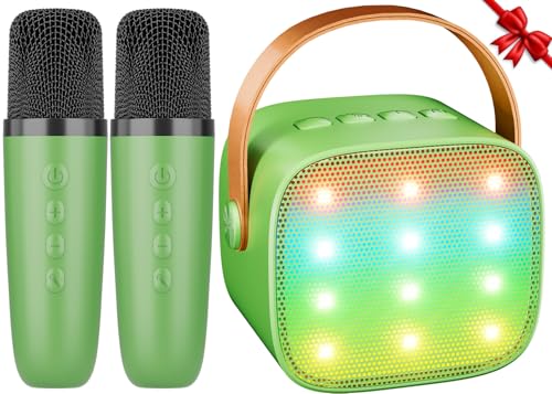 Karaoke Maschine Kinder Mini Karaoke Maschine mit 2 Mikrofonen Bluetooth-Lautsprecher mit LED-Lichtern und Stimmenverzerrer, Geschenk für Mädchen 3, 4, 5, 6, 7, 8, 9,10,11,12+ Jahre (Grün)
