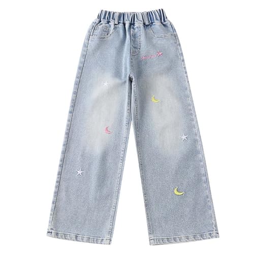 Generisch Jeans Mädchen Wide Leg Jeans Hose high Waist Slim fit Mädchen Jean Hosen Baggy Casual Wide Leg Loch Denim Blau Jeans Hohe Taille Vintage Hose Für Kinder Fit Blau