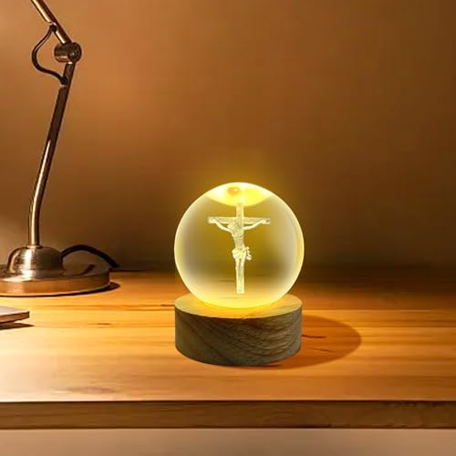 VStoy 3D-Glaskugel Nachtlicht mit Betendem Jesus & Holzsockel – Weihnachtsdeko, Ostern & Karfreitag Geschenk, USB betrieben, Jesus Kreuz Design für Inneneinrichtung