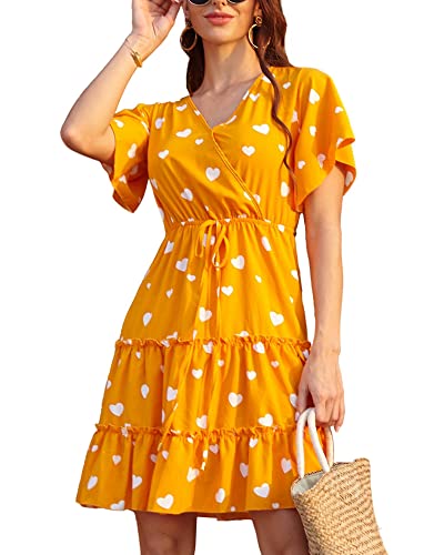 KANDEMY Sommerkleid Damen Kurz V-Ausschnitt Blumen Minikleid High Waist Volant Kleid Vintage Mini Kleider Polka Dots Strandkleid Kurz Leopard Sommer Freizeitkleider Gelb-Herzen L