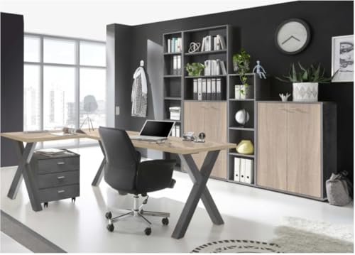 Büro Möbel Komplett Set Mister Office in Eiche Sägerau, Weiß oder Graphit – Komplett Sets Home Office Arbeitszimmer - Verschiedene Set Varianten wählbar (6 teilig in Graphit - Eiche Sägerau)