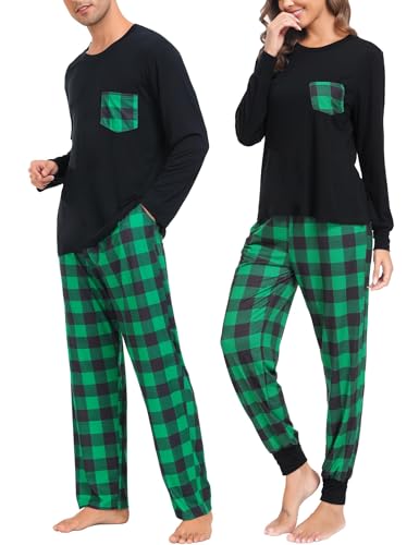 SWOMOG Weihnachten Schlafanzug Buffalo Plaid Pyjama Hose mit Taschen Langarm Oberteile Paare & Familie Pjs