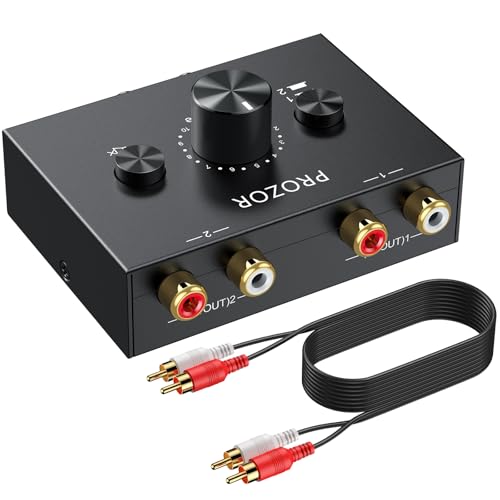 PROZOR 2(1) in 1(2) out Optisch auf Cinch Stereo Audio Switcher, R/L Stereo Audio Switcher Audio Switcher AB Switcher mit Mute Taste, Lautstärkeregler, vergoldete RCA Kabel für CD Player/Computer