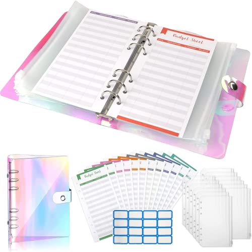 Budget Binder, A6 Budget Planner, 6 Löcher Loseblatt Notizbuch, Binder Budget Notizbuch Set, mit 8 Binder Taschen, 12 Farben Budgetblätter und 16 Etikettenaufklebern(Laser)
