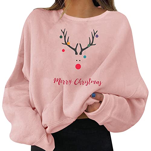 Weihnachtspulli Lustig Damen Oversized Rundhals Langarm Rudolph Rentier Elfe Merry Christmas Sweatshirt Damen Pullover Winter Weihnachts Xmas Pulli Shirt Christmas Sweatshirt